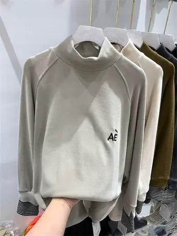 韩版撞色立领德绒打底衫T恤女长袖2023秋冬新款时尚洋气内搭上衣图片