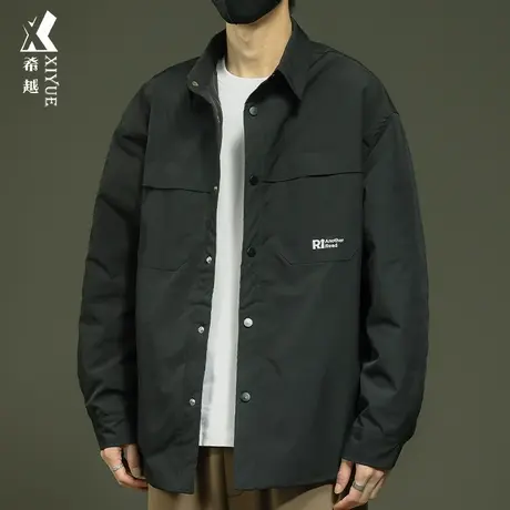 希越美式工装衬衫外套男冬季新款高密牛津格宽松大码男士加棉夹克商品大图