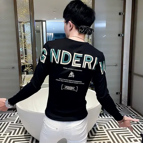 秋季男士t恤打底衫上衣网红潮牌ins字母长袖修身青年个性潮流体恤商品大图