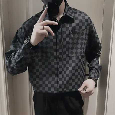 2023秋季高级感棋盘格衬衫长袖设计感小众打底衬衣发型师外套ins商品大图