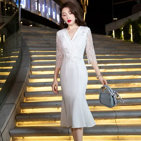 晚礼服女2024新款夏中长款西装领修身晚宴白色平时可穿宴会连衣裙图片