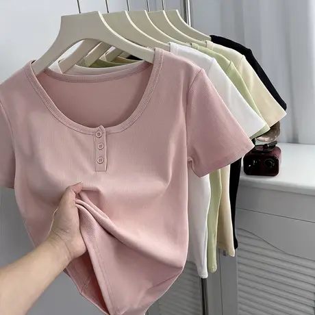 u领锁骨修身正肩短袖t恤女夏纽扣设计感短款小个子纯欲螺纹棉上衣商品大图