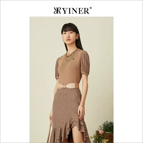 YINER音儿女装夏季法式优雅波点拼接圆领蚕丝针织衫商品大图