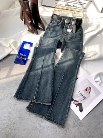 美式复古中缝牛仔毛边喇叭裤2024春季新款显瘦百搭高腰弹力微辣裤图片