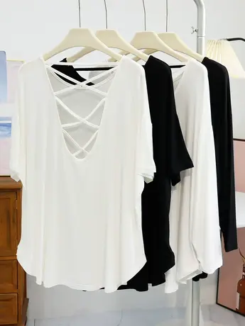 中长款莫代尔露背T恤女春夏新款宽松显瘦遮屁股设计感美背上衣潮图片