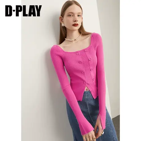 DPLAY秋装季新款复古宫廷方领玫粉色顺色钮扣修身针织小衫商品大图
