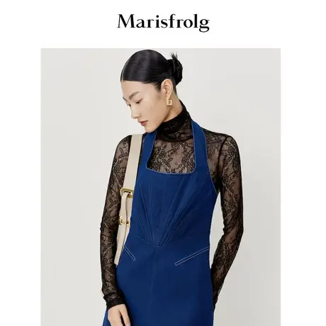 玛丝菲尔春季新款黑色蕾丝高领长袖衬衫T恤打底商品大图