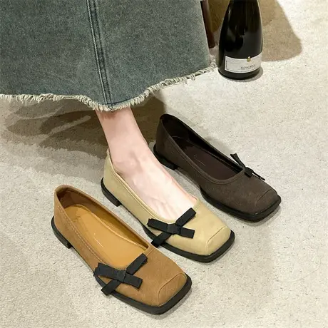 女鞋2024年春秋季新款复古百搭蝴蝶结浅口单鞋粗跟防滑通勤奶奶鞋商品大图