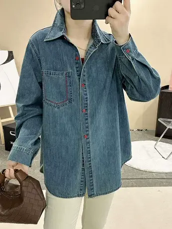 早春复古蓝色牛仔长袖衬衫春装女2024年新款女衬衣叠穿法式上衣女商品大图