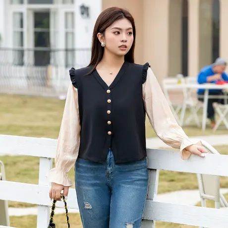 大码女装荷叶边V领针织开衫女春季胖mm拼接泡泡袖假两件长袖上衣商品大图