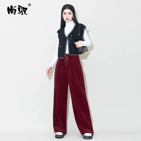 红色百搭灯芯绒休闲西裤2023年秋冬新款直筒裤修身显瘦拖地裤时尚图片