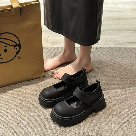 法式粗跟浅口单鞋女2024新款小个子厚底百搭小皮鞋配裙子玛丽珍鞋商品大图