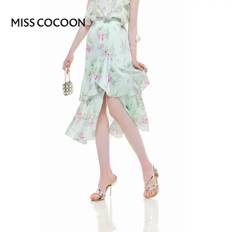 MISSCOCOON【花园度假】24春夏新款华丽缎面复古花卉荷叶边半身裙图片