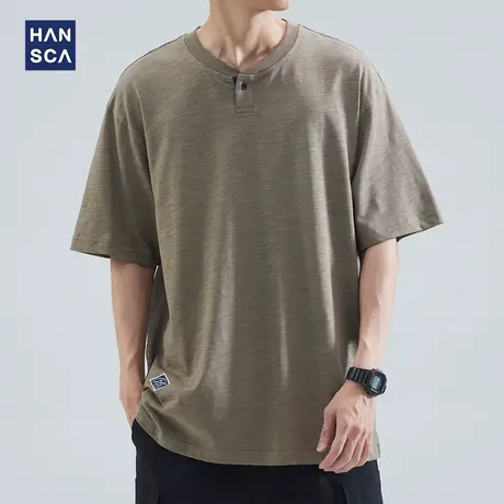 hansca 竹节棉重磅短袖t恤男夏季美式复古潮流纯色透气亨利领上衣图片