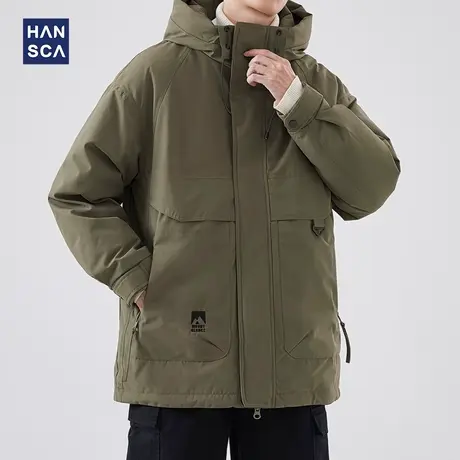 hansca90白鸭绒中长款工装羽绒服男冬季新款户外大口袋连帽外套男图片