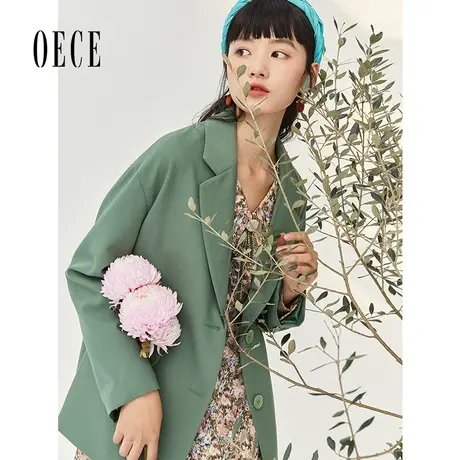 oece春装新款女文艺森系绿显白复古个性西装外套图片