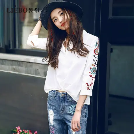 【预】裂帛原创设计花朵刺绣软糯简约前短后长雪纺长袖衬衫上衣女商品大图