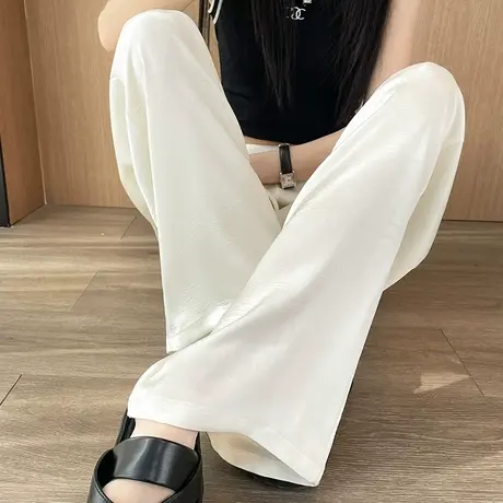 新中式国风阔腿裤女春夏款2024新款宽松冰丝缎面小个子凉凉休闲裤商品大图