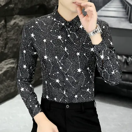 痞帅设计感满天星长袖衬衫男士潮流秋季碎花波点免烫韩版修身衬衣商品大图