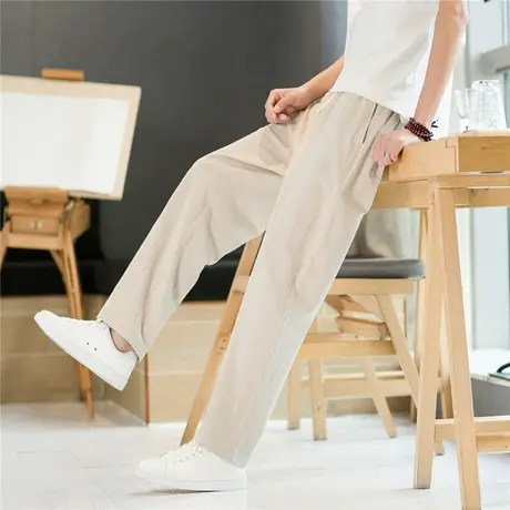米白色亚麻裤子男士夏季薄款速干棉麻休闲裤直筒宽松阔腿垂感潮牌商品大图