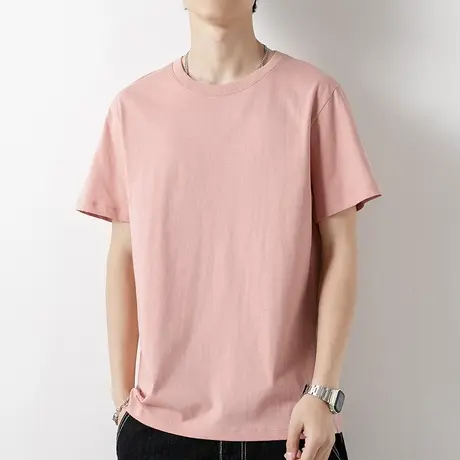 纯棉t恤短袖男夏季潮牌潮流简约百搭纯色粉色宽松全棉半袖打底衫商品大图
