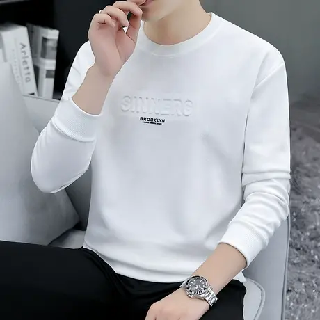 2023春秋新款潮流时尚休闲纯色T恤修身圆领长袖t恤男装学生打底衫商品大图