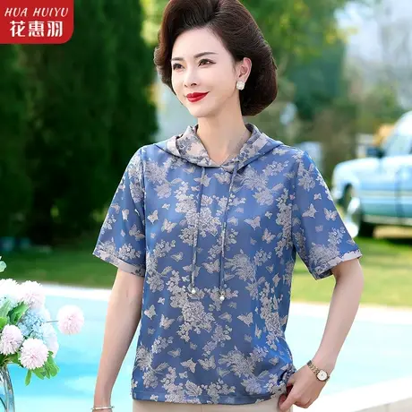 妈妈夏装短袖洋气衣服2023新款中老年人女装卫衣夏季连帽小衫上衣商品大图