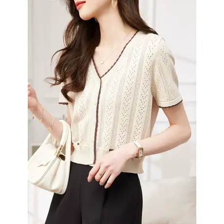 时尚气质短袖针织衫2023年夏季新款淑女温柔V领修身显瘦通勤上衣商品大图