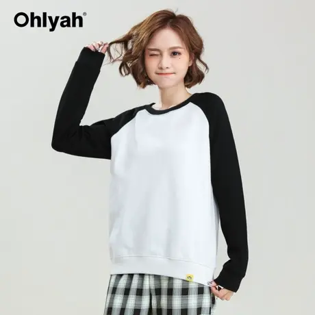 Ohlyah品牌 纯棉卫衣女插肩袖拼接套头圆领学生长袖工作班服定制商品大图