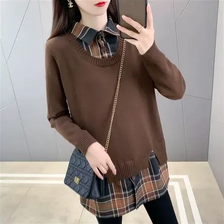 设计感假两件针织衫女上衣2023年初秋宽松显瘦格子衬衫领拼接毛衣商品大图