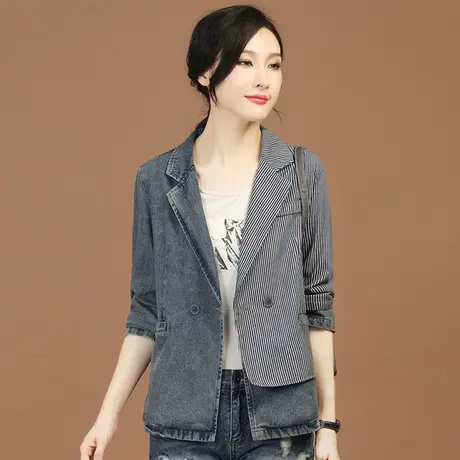 韩潮袭人西装领假两件条纹拼接牛仔外套女秋季小众高级感夹克上衣图片