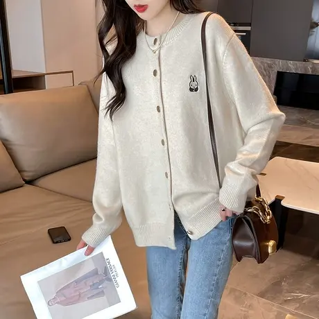 春秋装女士刺绣兔子圆领开衫毛衣外套女2023新款洋气针织衫上衣女商品大图