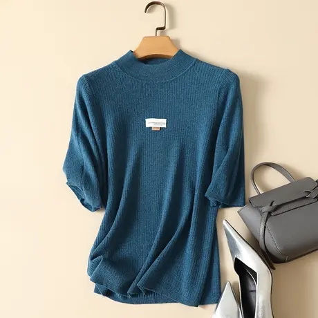 莫兰绒半高领打底衫女秋季2023年新款百搭五分袖针织衫毛衣女上衣商品大图