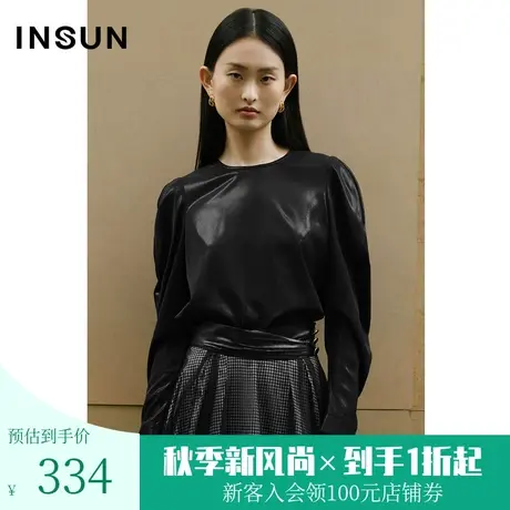 恩裳COVER2023春款新款复古时髦羊腿袖弹力光泽感不易皱圆领衬衫图片