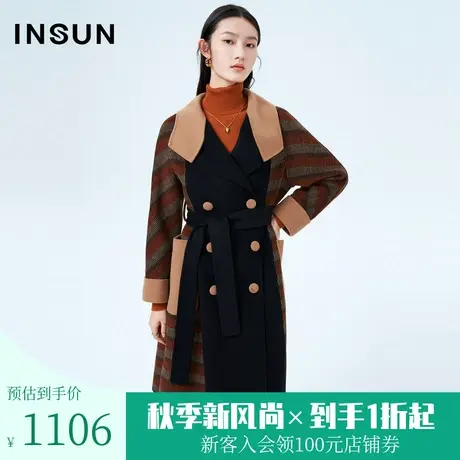 恩裳冬季双面呢大衣撞色格纹羊毛束腰中长毛呢外套女图片