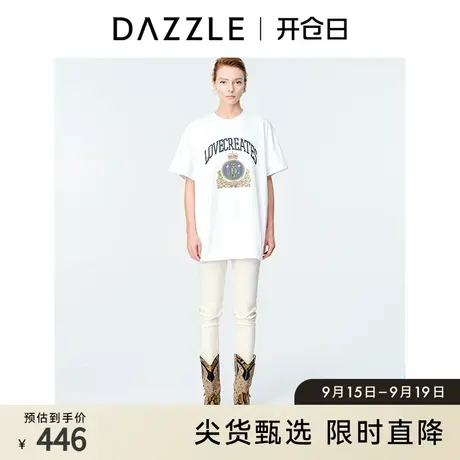 DAZZLE地素奥莱 春夏复古通勤圆领航海刺绣印花白色短袖T恤女图片