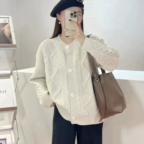 圆领麻花针织开衫外套女2023春装新款外穿慵懒风显瘦洋气百搭上衣图片