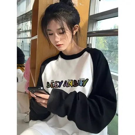 黑白插肩宽松oversizet恤女秋冬纯棉2023新款内搭打底长袖上衣女商品大图