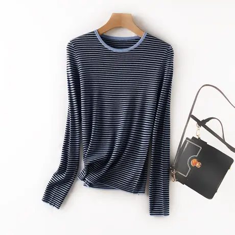 条纹长袖针织T恤女秋冬圆领拼色百搭单品亲肤柔软软糯打底衫薄款商品大图