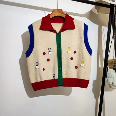 刺绣小花翻领针织马甲开衫女秋冬新款学院风甜美可爱毛衣背心外套商品大图