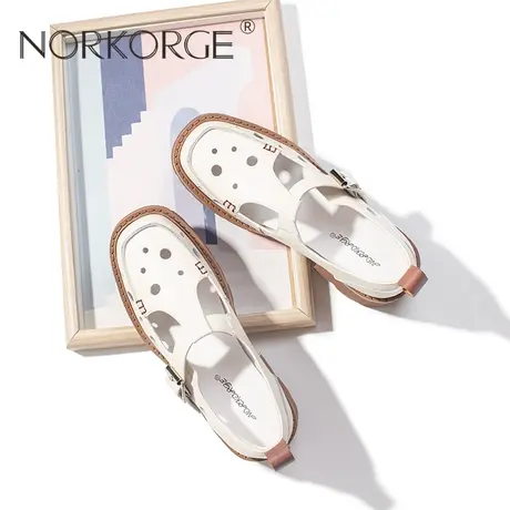 百搭米白色镂空小皮鞋厚底洞洞鞋商品大图