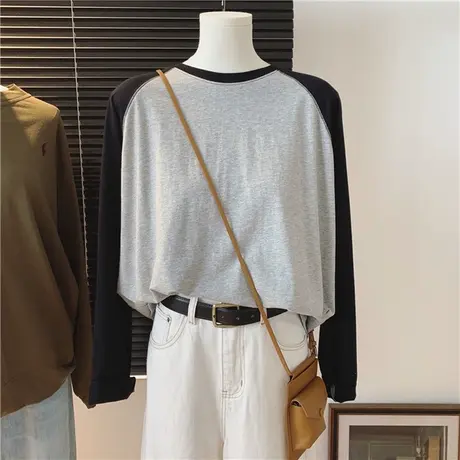 纯棉撞色拼接长袖T恤女春秋季宽松显瘦韩版内搭插肩袖上衣打底衫商品大图