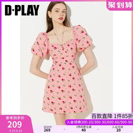 DPLAY夏新法式复古泡泡袖收腰热恋玫瑰园印花连衣裙沙滩裙图片