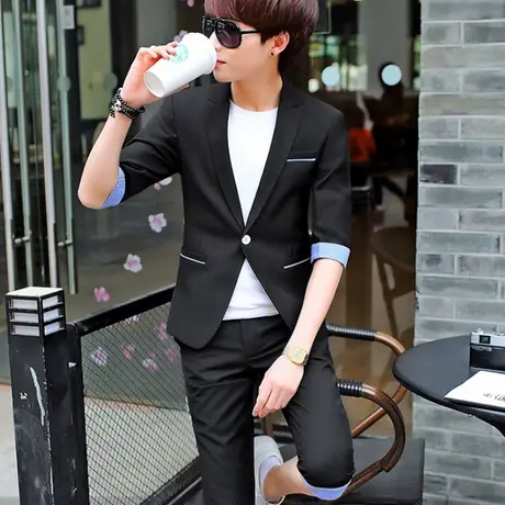 夏季七分袖小西装套装男薄款修身韩版男士中袖西服休闲短袖三件套图片