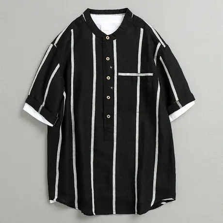 亚麻衬衫男夏季薄款条纹衬衣套头休闲外套棉麻男士立领短袖上衣潮商品大图