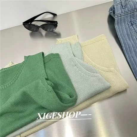 绿色仿亚麻针织背心女外穿夏纯色气质通勤无袖短款上衣内搭打底衫图片