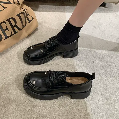 永希黑色复古英伦风小皮鞋女2024新款粗跟百搭设计感小众乐福单鞋图片