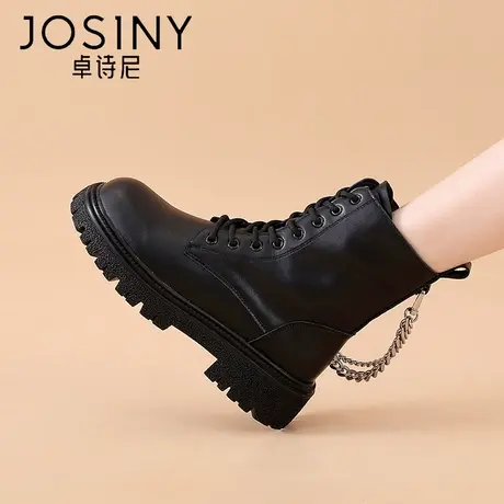 卓诗尼真皮马丁靴女2023新款冬季显瘦黑色单靴侧拉链英伦短靴冬款商品大图