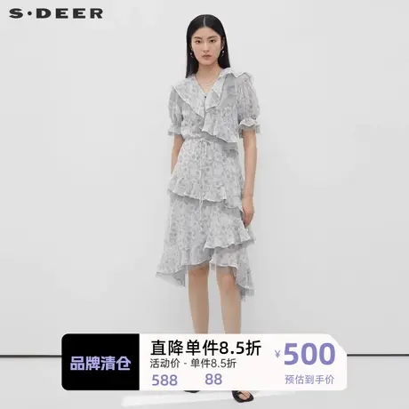 sdeer圣迪奥女装V领荷叶边碎花收腰网纱连衣裙S232Z12J8图片