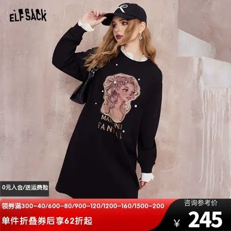 妖精的口袋荷叶边拼接印花黑色连衣裙女2024早春新款显瘦卫衣裙子图片